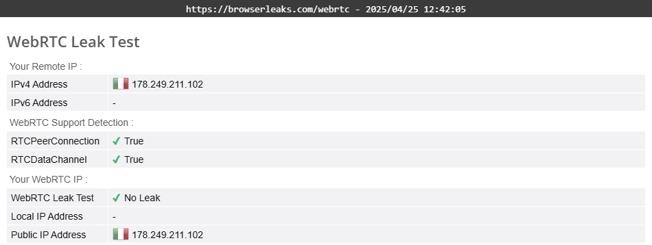 Malwarebytes Privacy VPN's WebRTC leak test results (pass)