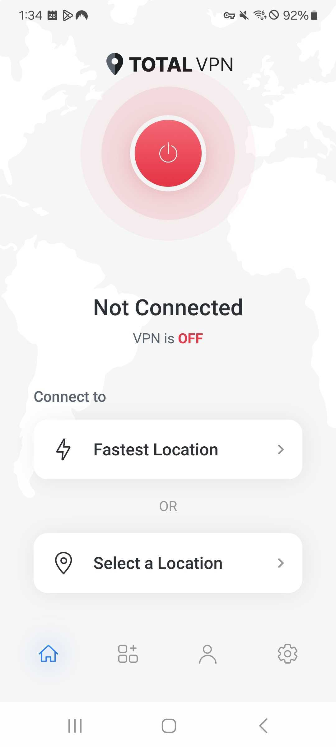 Total VPN mobile app dashboard (VPN off) 