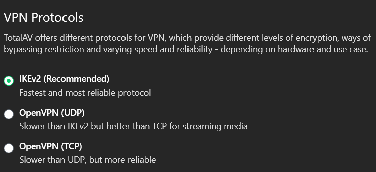Total VPN list of VPN protocl (IKEv2, OpenVPN UDP, OpenVPN TCP)