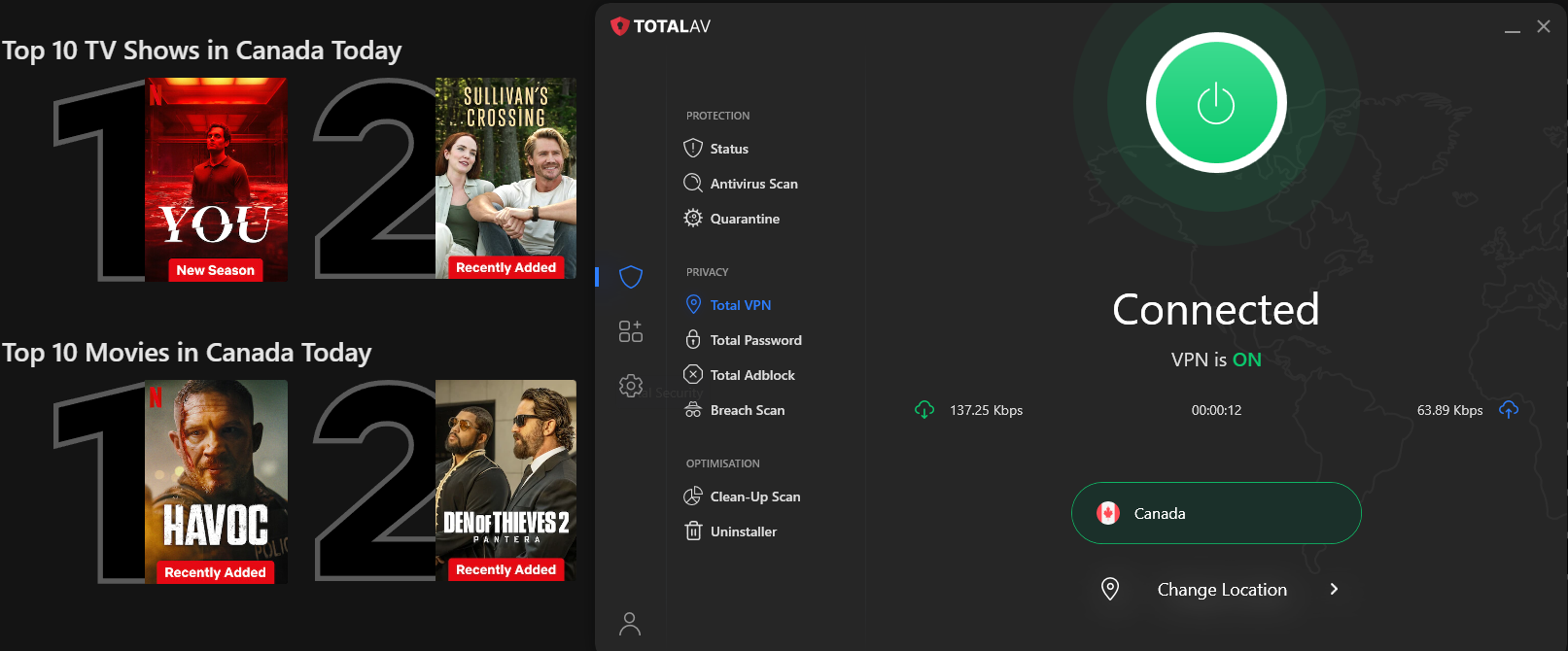 Netflix list of top shows and movies in Canada today with Total VPN in the foreground