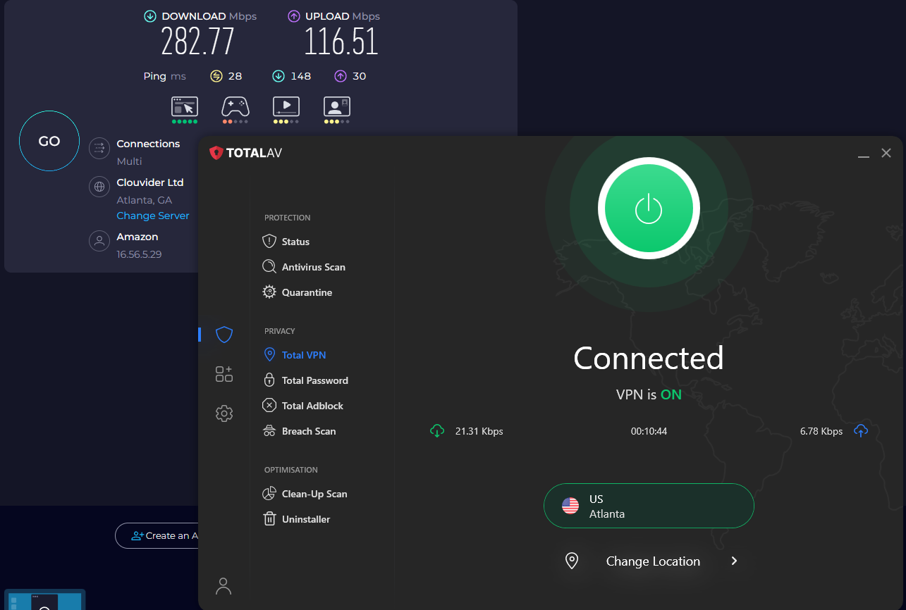 Total VPN's speed test results while connected to a server in Atlanta (282.77 download, 116.51 upload, 28 ping)