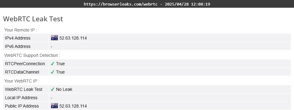 Total VPN's WebRTC leak test results (passed).
