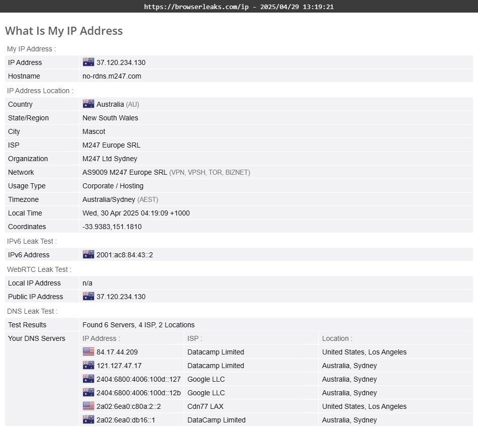 AdGuard VPN's DNS leak test results (passed).