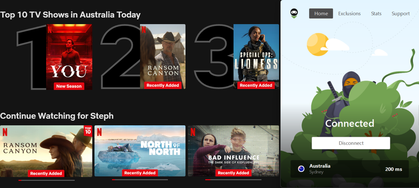 Netflix list of top shows in Australia today with AdGuard VPN in the foreground