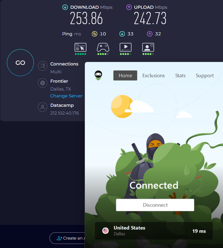 Speed test results for AdGuard VPN while connected to a server in the U.S. (253.86 download, 242.73 upload, 10 ping) 