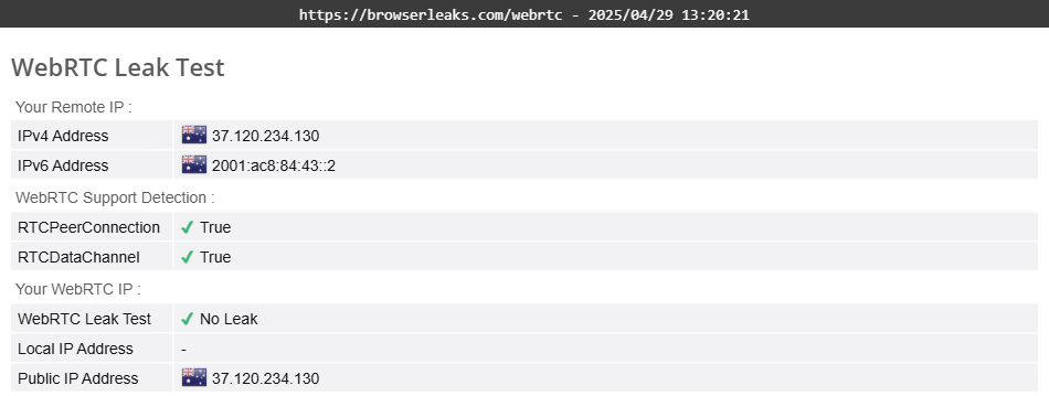 AdGuard VPN's WebRTC leak test results (passed).