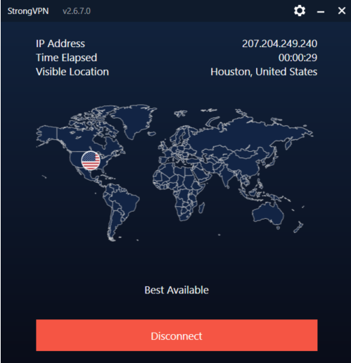 StrongVPN's dashboard while connected to the best available server