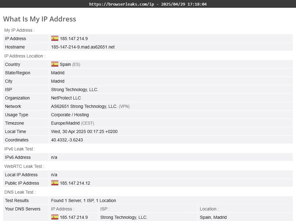 StrongVPN's DNS leak test results (passed). 