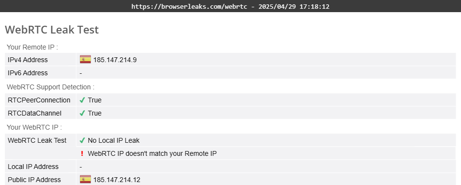 StrongVPN's WebRTC leak test results (passed).  