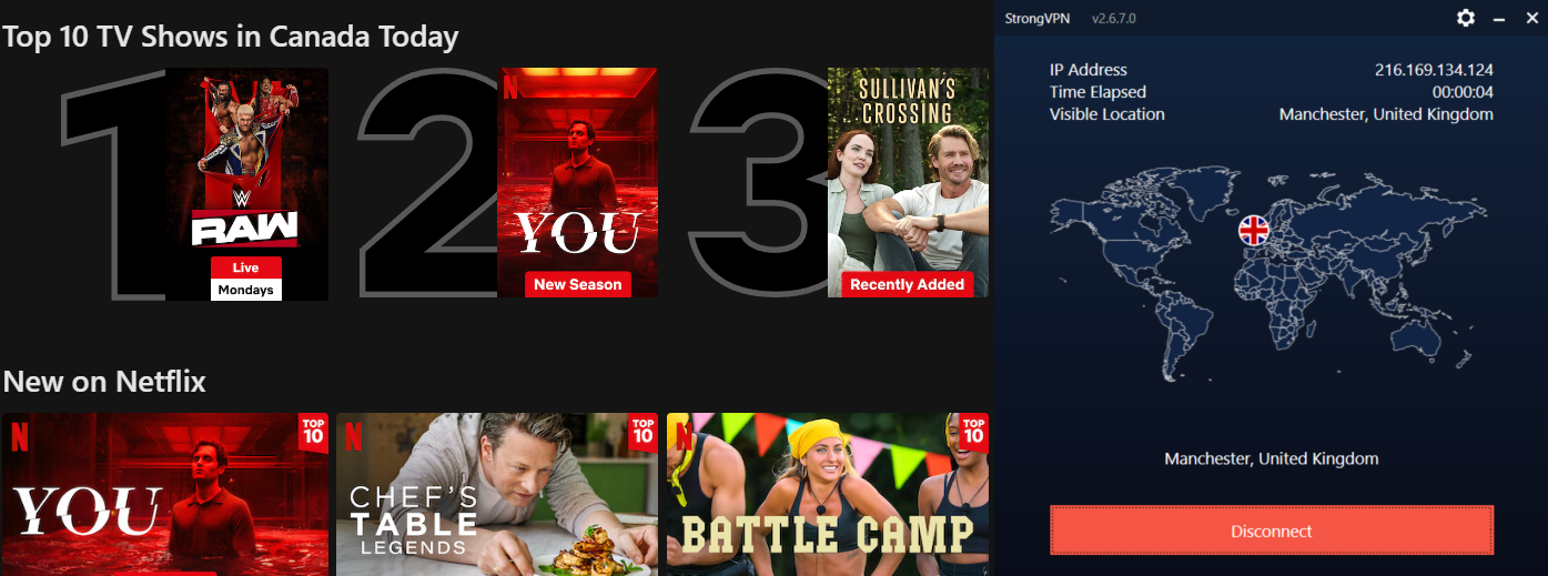 Netflix list of top shows in the U.K. today with StrongVPN in the foreground