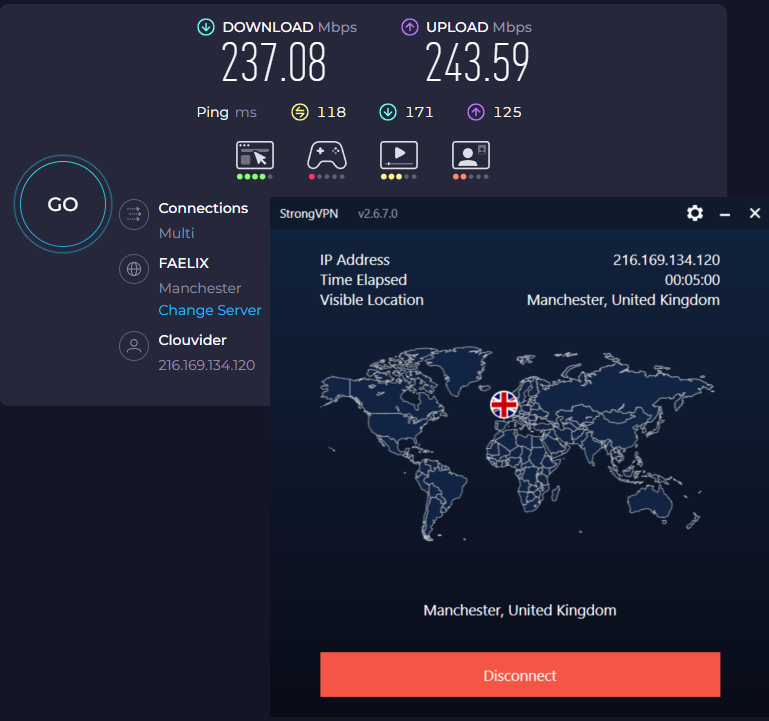 Speed test results for StrongVPN while connected to a server in Manchester (247.08 download, 243.59 upload, 118 latency)