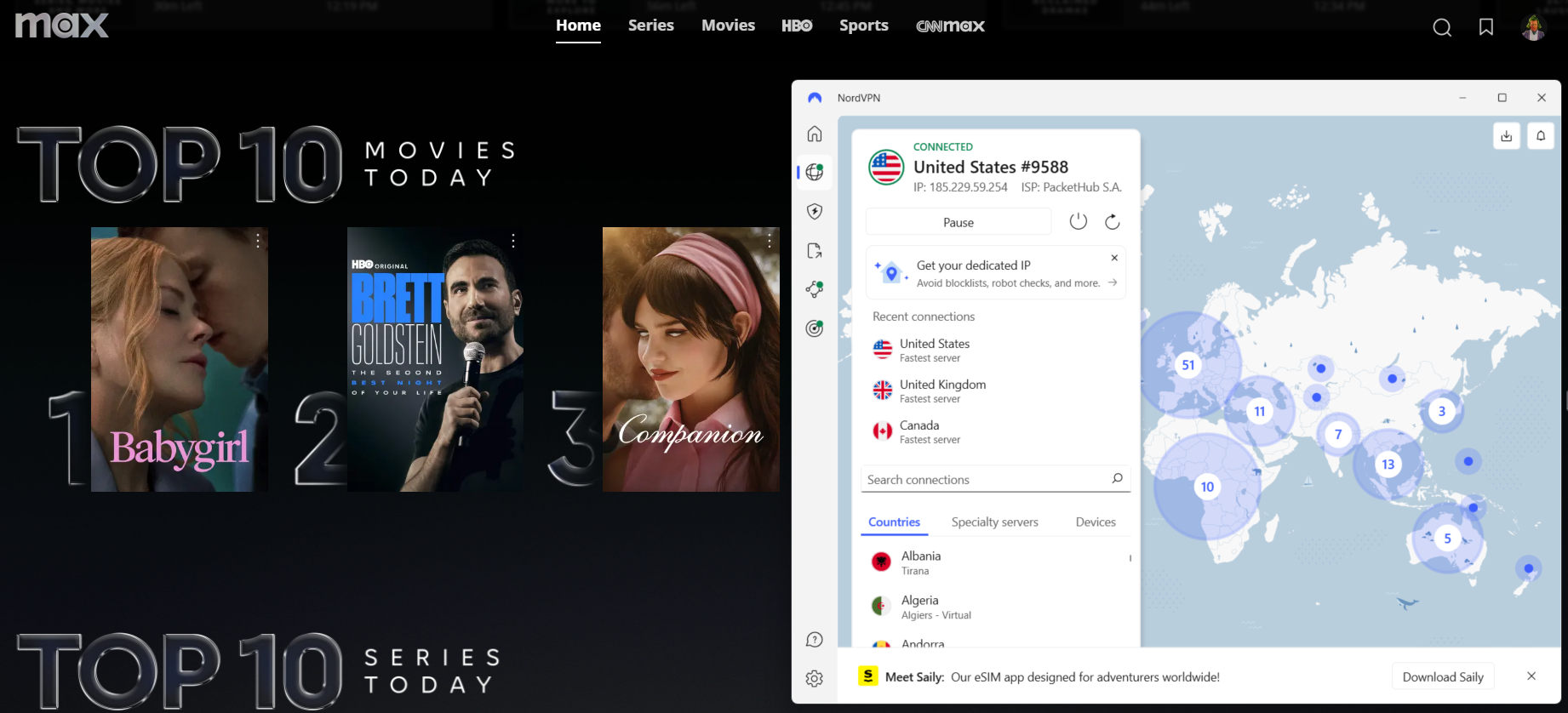 NordVPN connected to Max