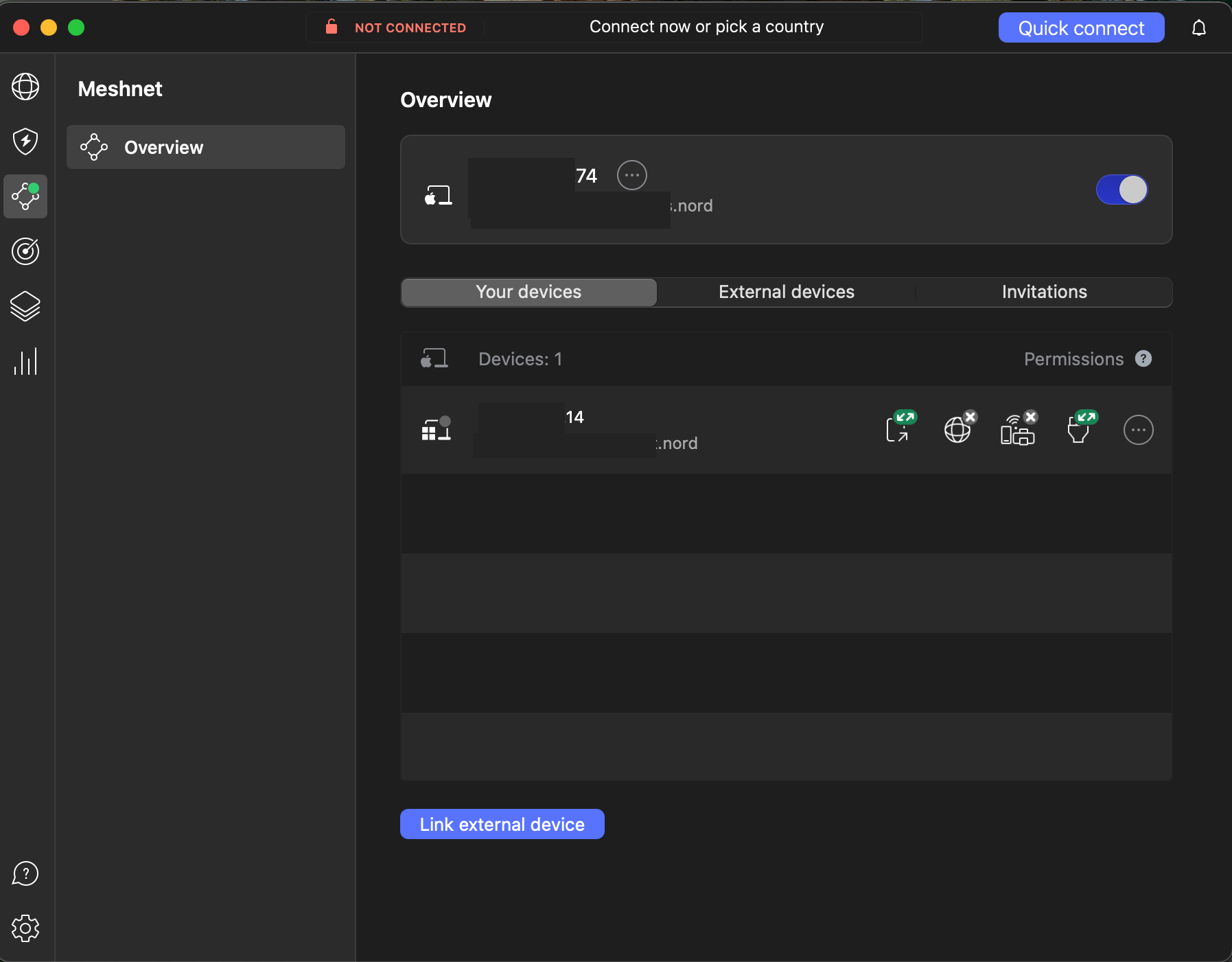 NordVPN Meshnet dashboard to connect devices