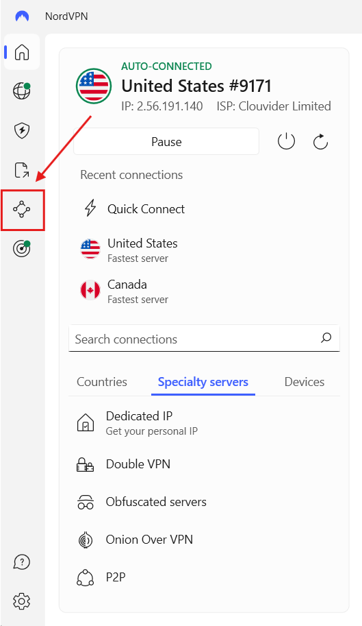 Select Meshnet icon on NordVPN dashboard