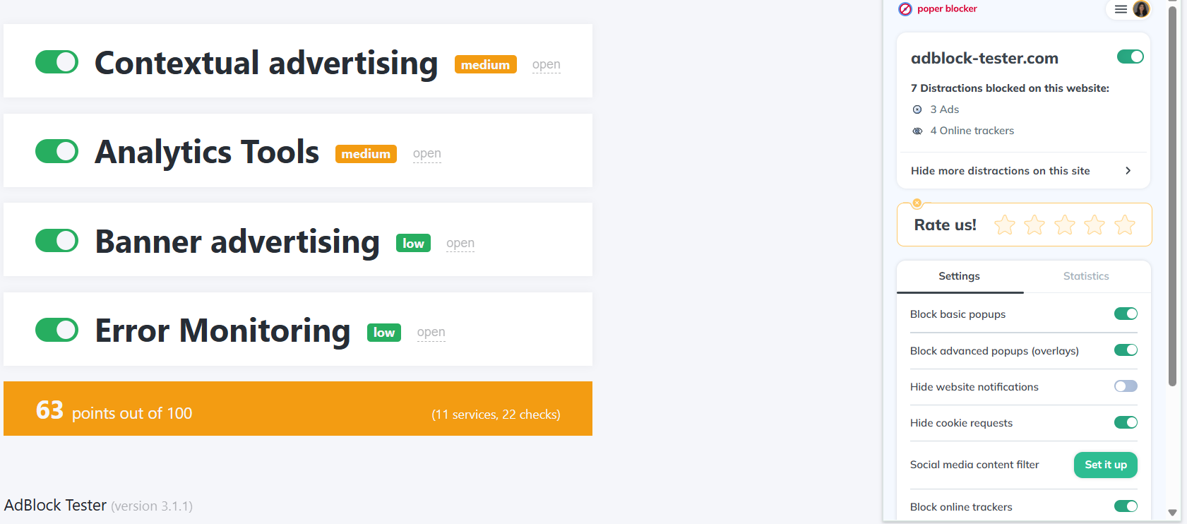 Poper Blocker's AdBlock Tester results (67/100).