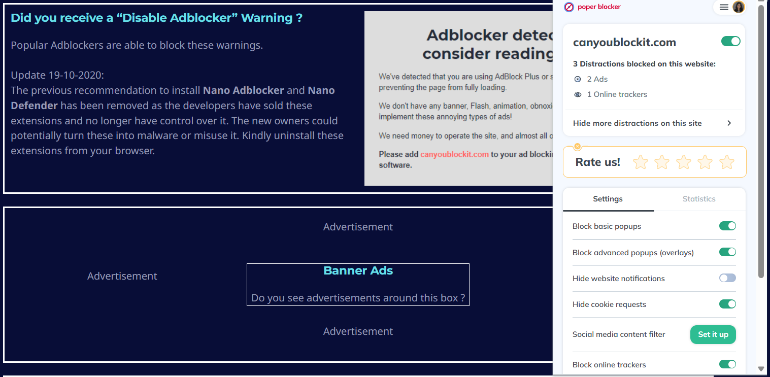 Poper Blocker's Can You Block It test results (2/3).