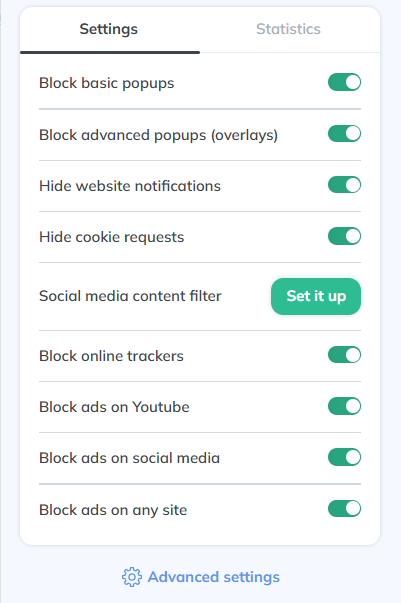 Poper Blocker extension settings