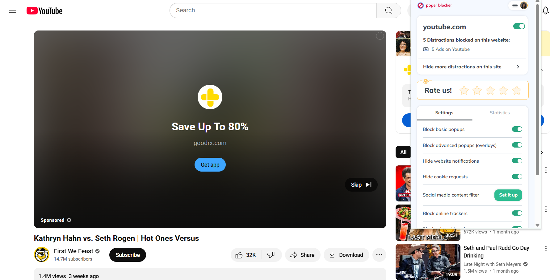 A Hot Ones YouTube with a brief ad interruption and the Poper Blocker extension is open