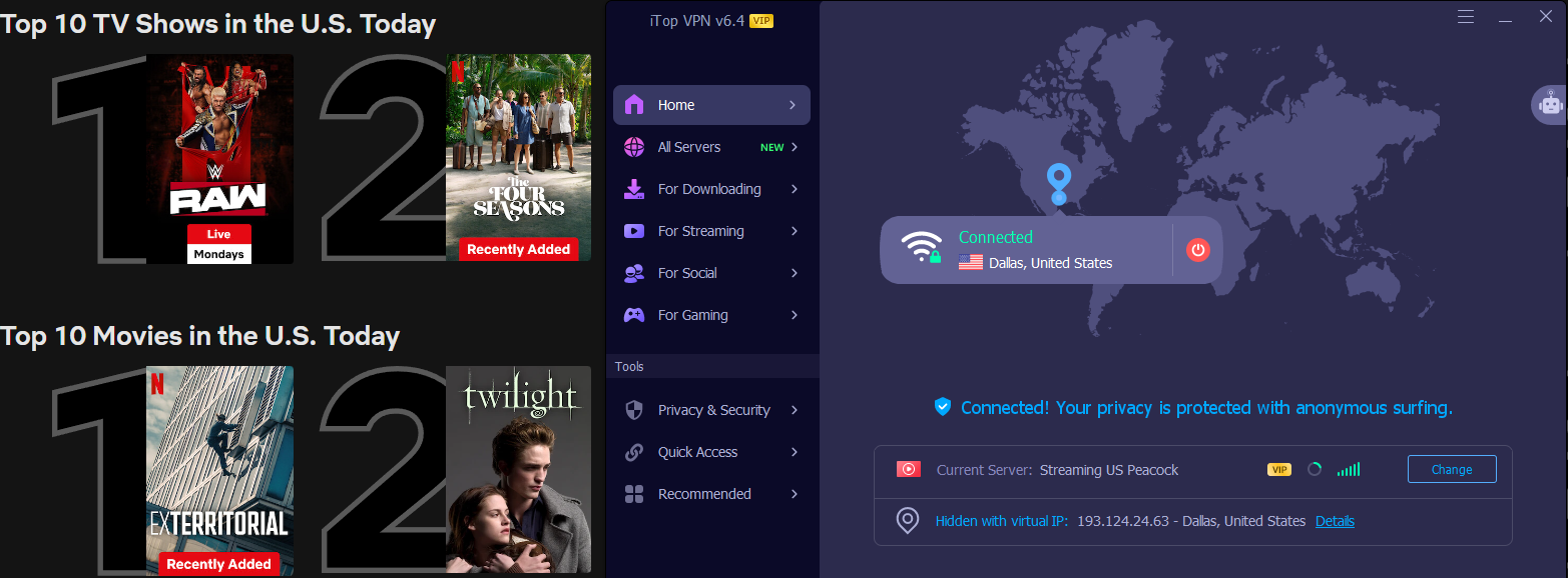Netflix lists of top shows and movies in the U.K. with iTop VPN in the foreground