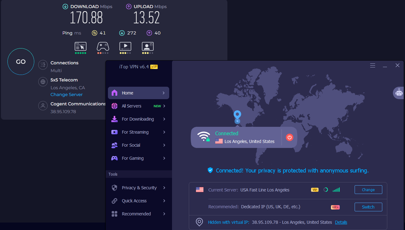 Speed test results for iTop VPN while connected to a server in Los Angeles (170.88 download, 13.52 upload, 41 ping)