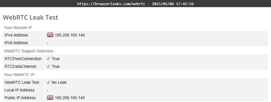 iTop VPN's WebRTC leak test results (passed).