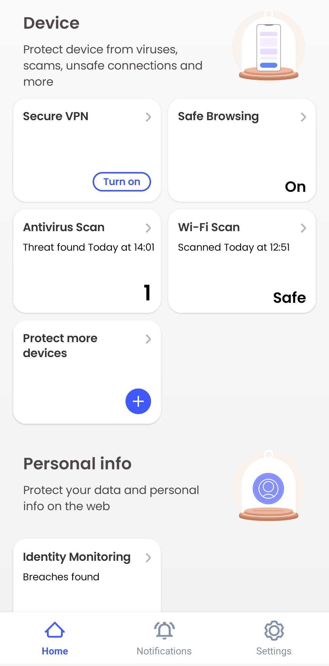 McAfee Security app dashboard