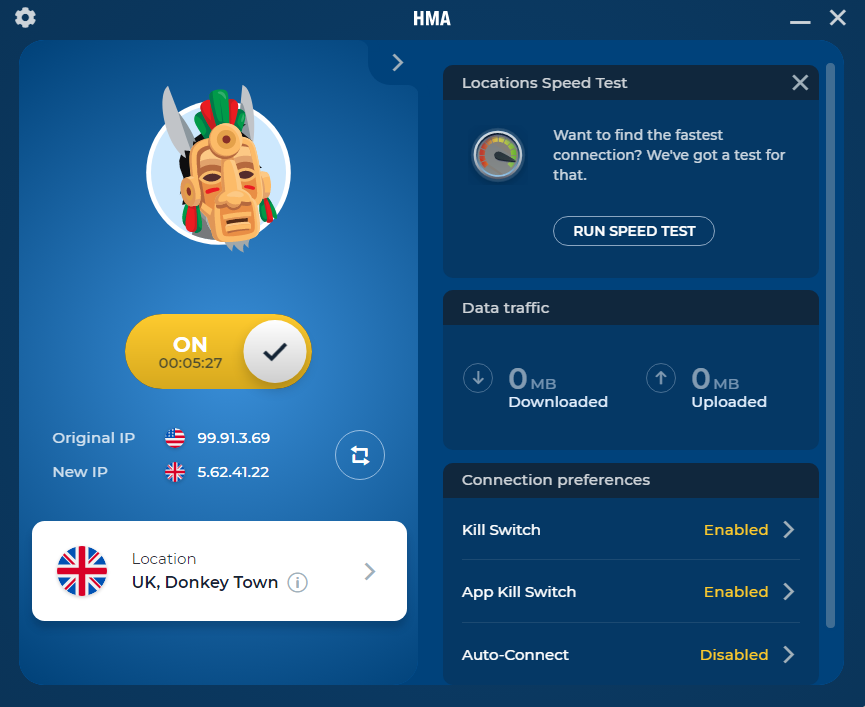 HMA VPN dashboard (connected to Donkey Town server)