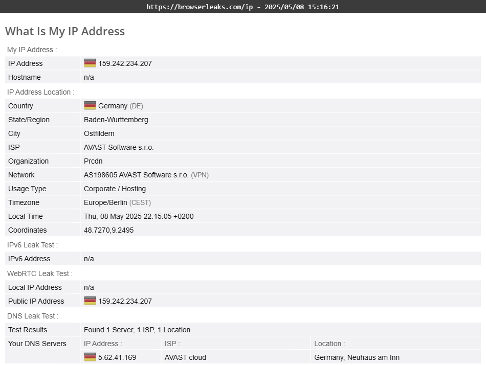 HMA VPN's DNS leak test results (passed)