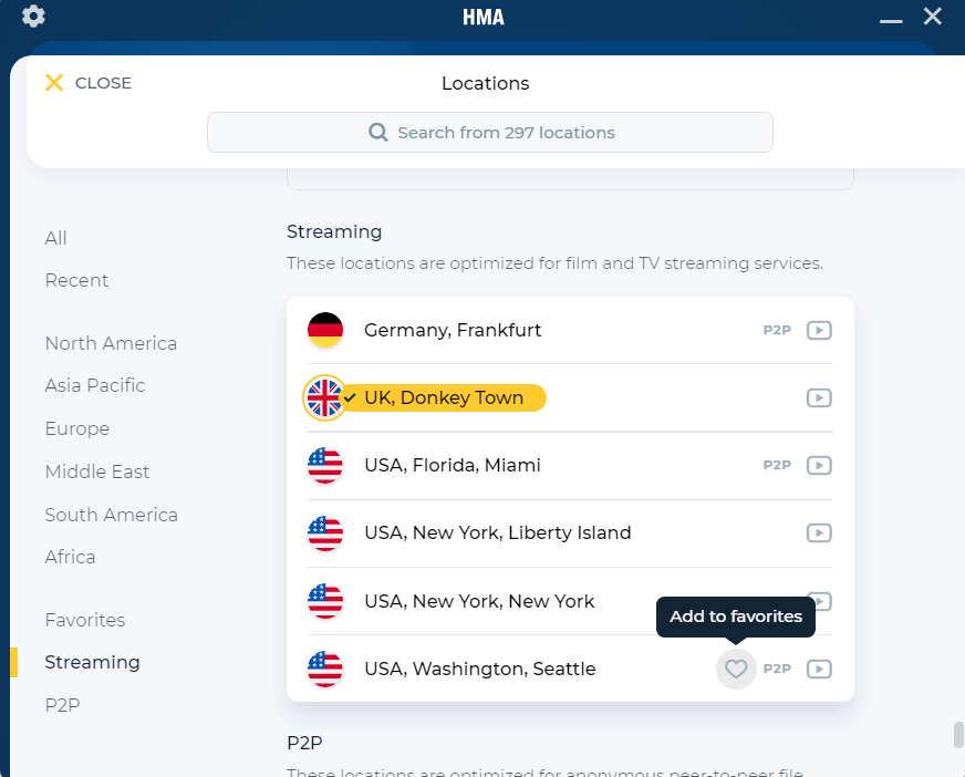 HMA VPN server list open on streaming servers section