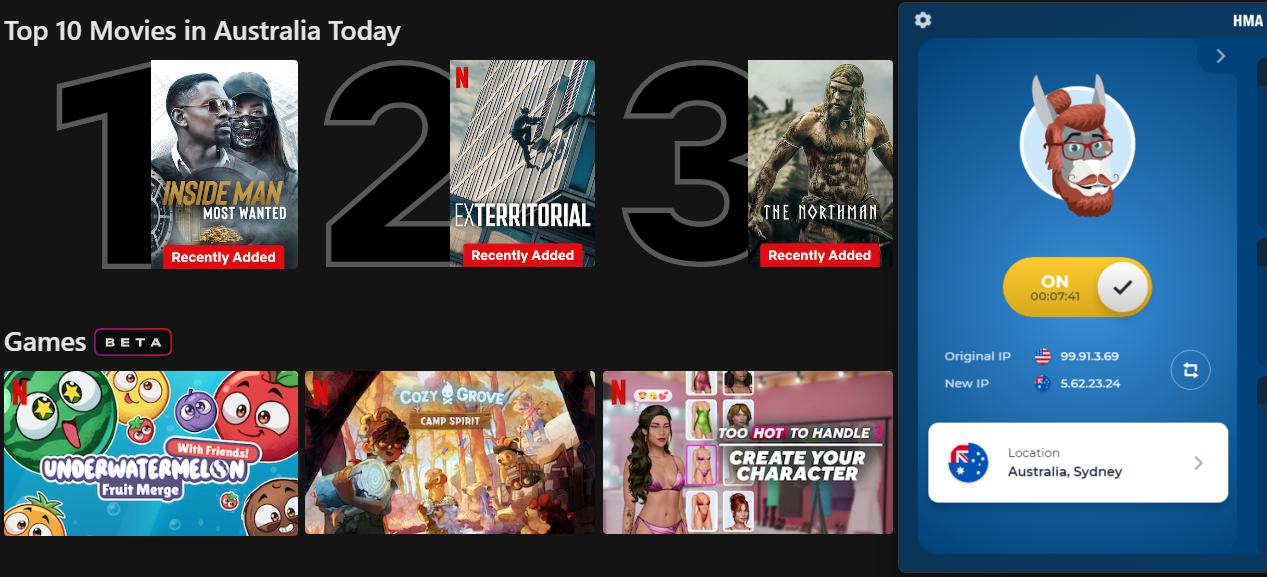 Netflix list of top shows in Australia today with HMA VPN in the foreground