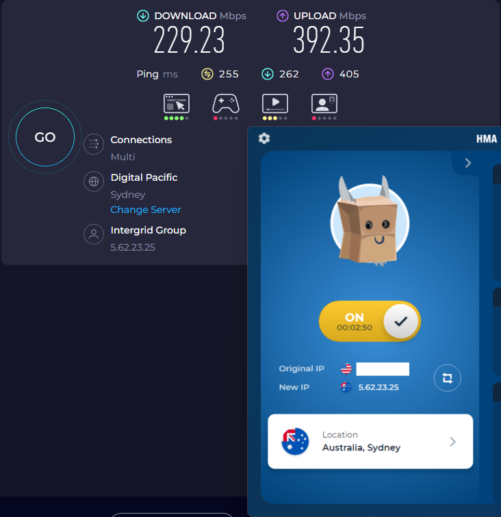 Speed test results for HMA while connected to a Sydney server (229.23 download, 392.35  upload, and 255 latency)