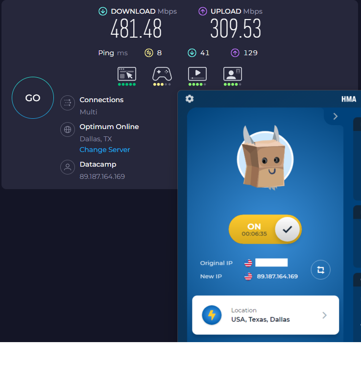 Speed test results for HMA while connected to a Dallas server (481.48 download, 309.53 upload, and 16 latency)