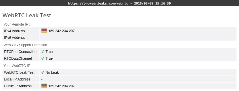 HMA VPN's WebRTC leak test results (passed)