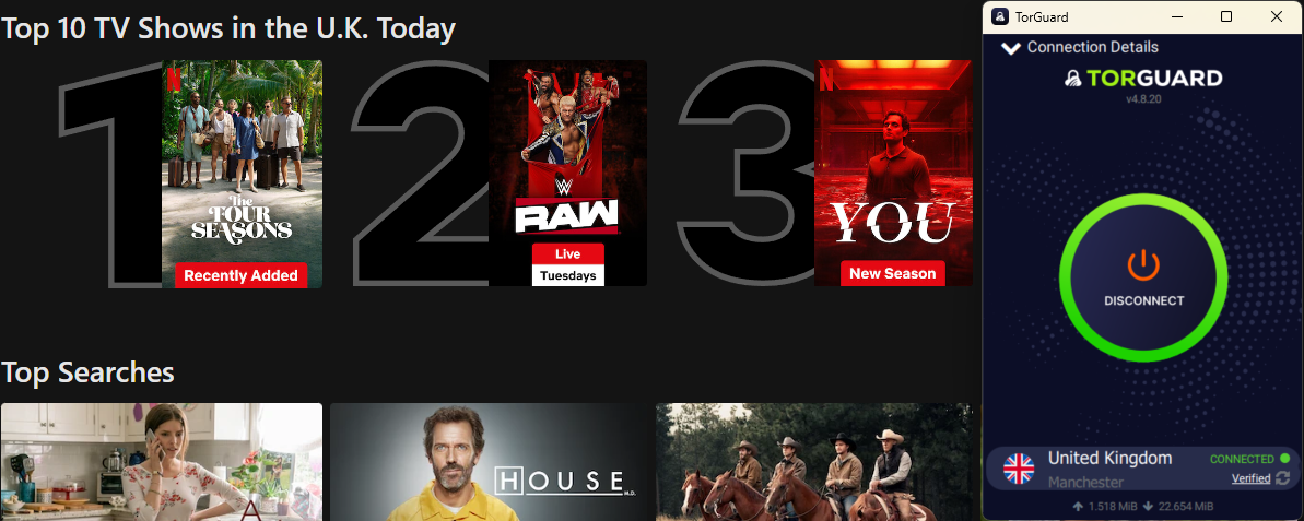 Netflix list of top shows in the U.K. today with TorGuard in the foreground