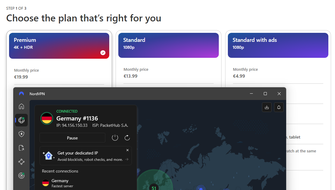 Comparing Netflix prices while connected to a NordVPN server in Germany