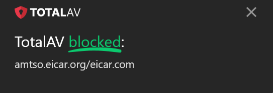 Pop-up from TotalAV notifying that its blocked an EICAR file