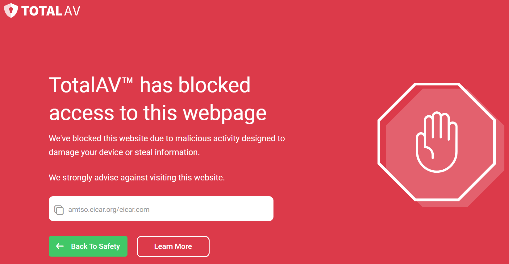 TotalAV blocked page warning due to malicious activity