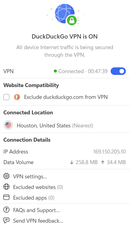 DuckDuckGo Privacy Pro VPN dashboard