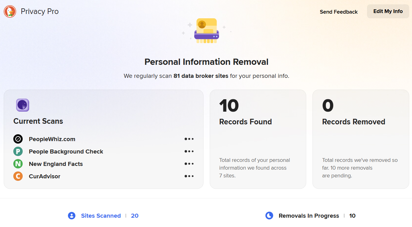 DuckDuckGo Privacy Pro personal information removal dashboard
