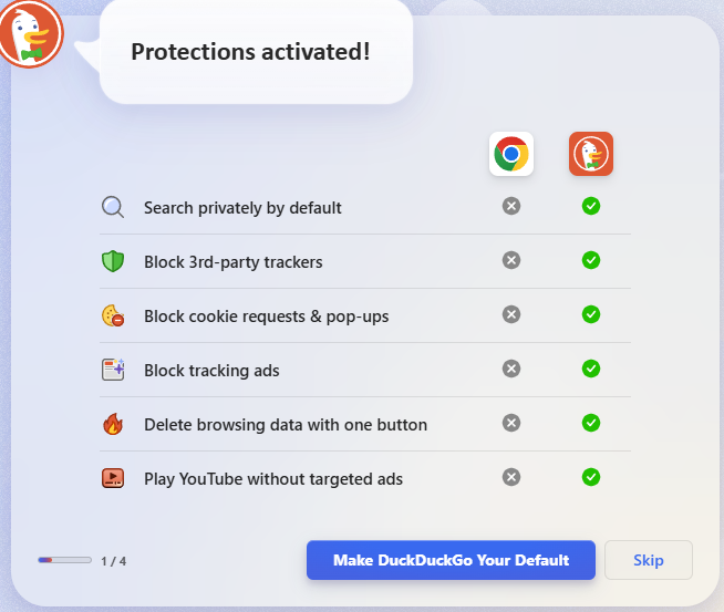 DuckDuckGo setup page pointing out the differences between the browser and Chrome