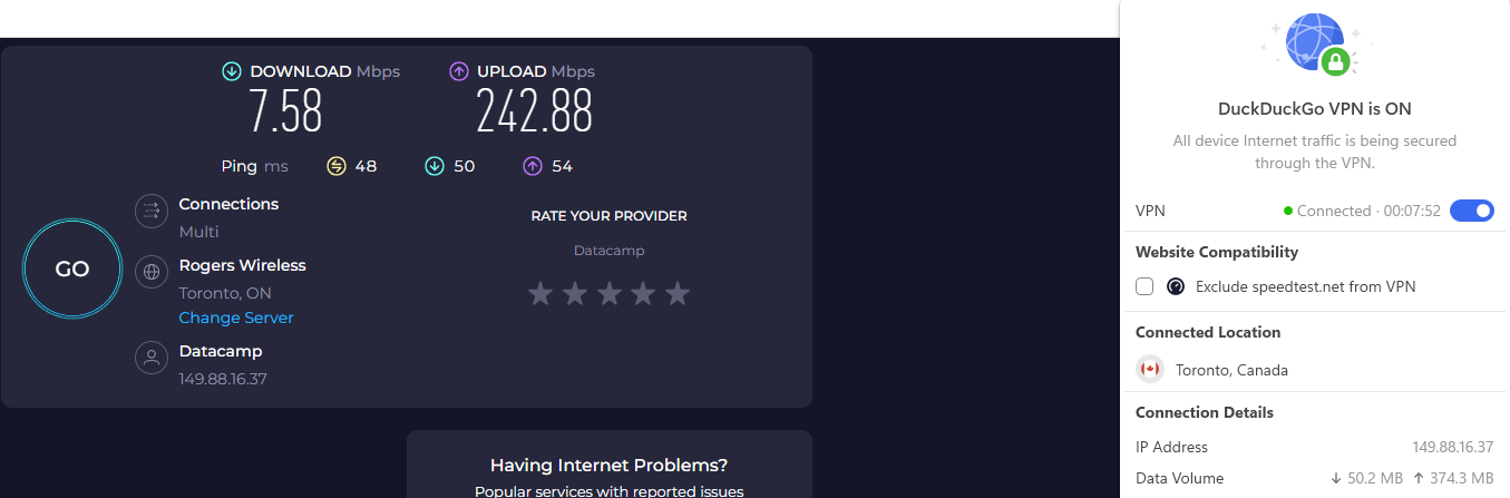 Speed test results for DuckDuckGo VPN while connected to a server in Toronto (7.58 download, 242.88 upload, 48 latency)