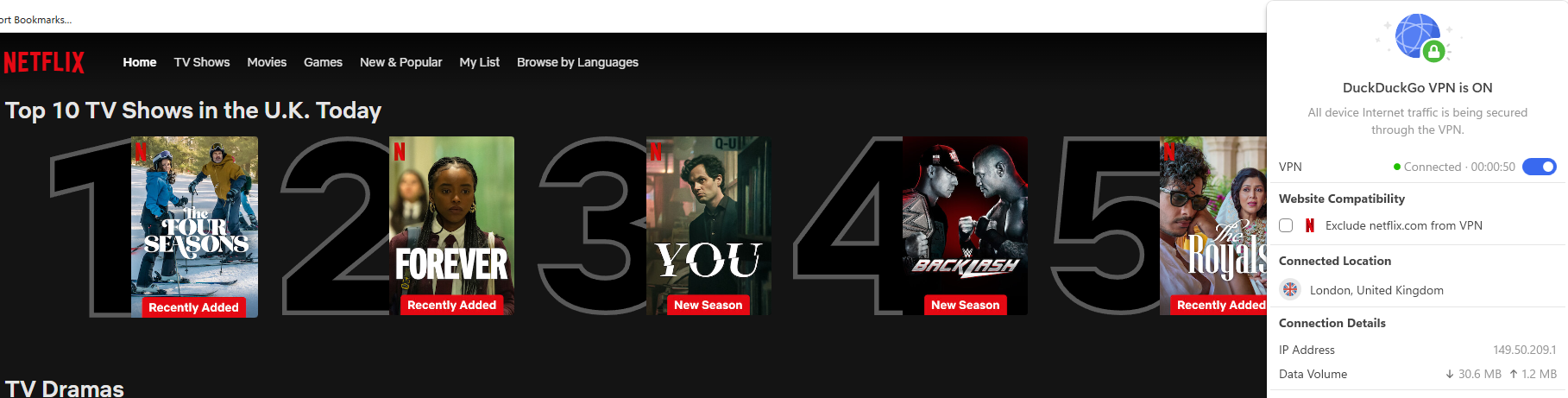 Netflix list of top shows in the U.S. today with DuckDuckGo in the foreground