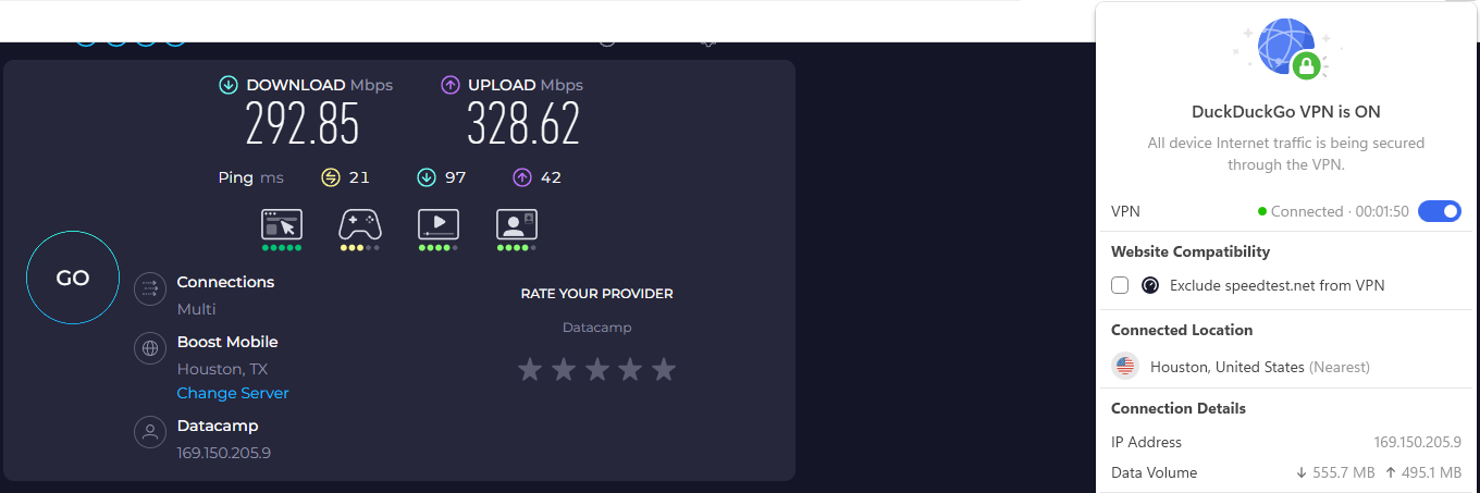 Speed test results for DuckDuckGo VPN while connected to a server in Houston (292.85 download, 328.62 upload, 21 latency)