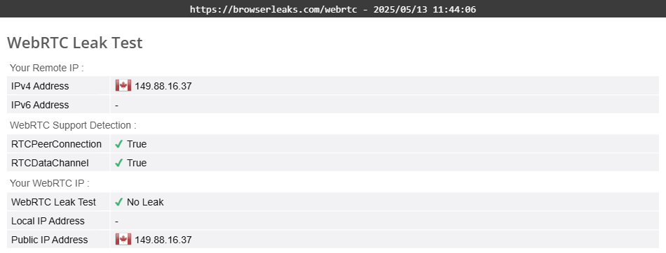 DuckDuckGo VPN's WebRTC leak test results (passed).