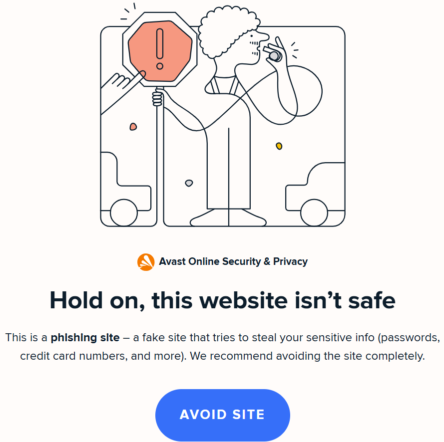 Warning from Avast Online Security & Privacy extension about a phishing site