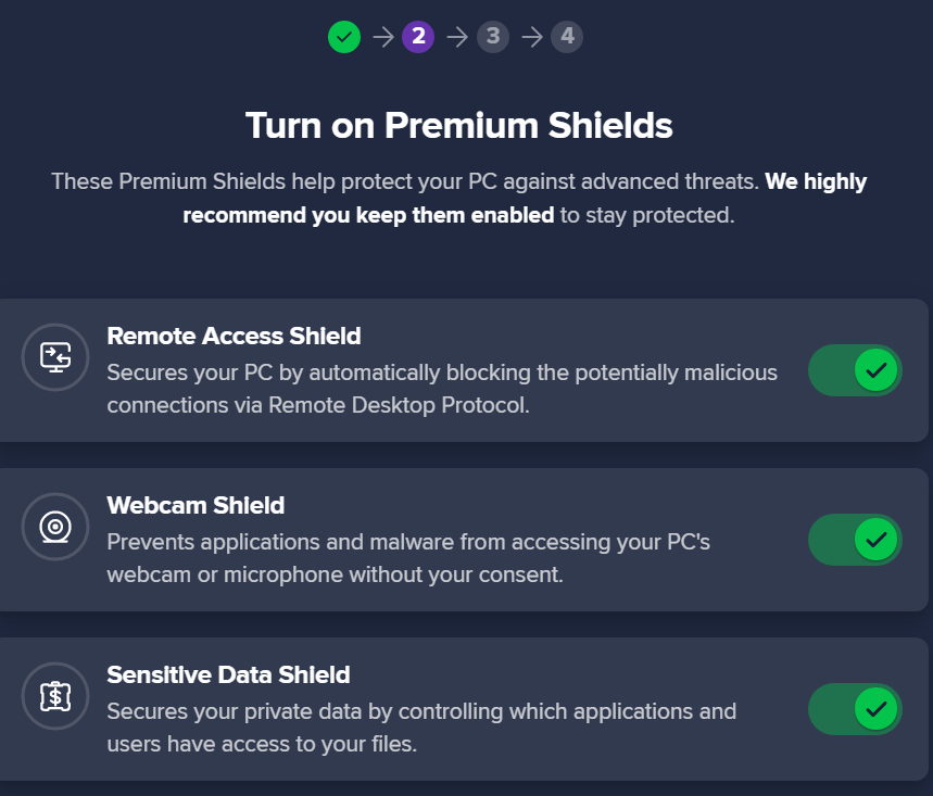 Avast antivirus set up screen to turn on premium shields