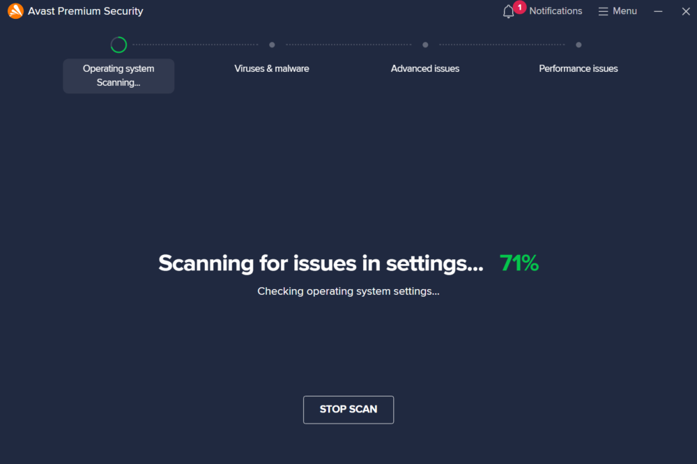 Avast antivirus smart scan in progress