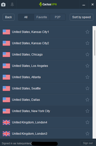 CactusVPN servers sorted by speed