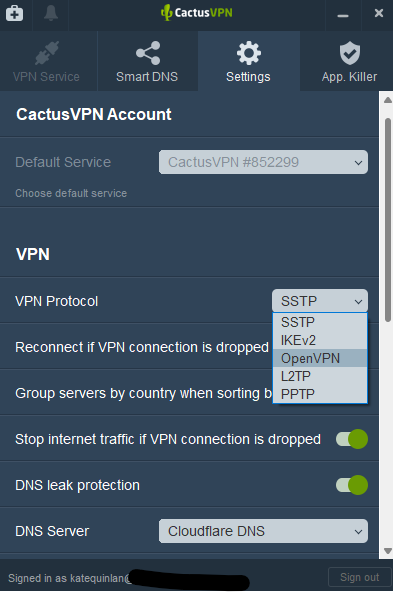 CactusVPN protocols dropdown in Settings