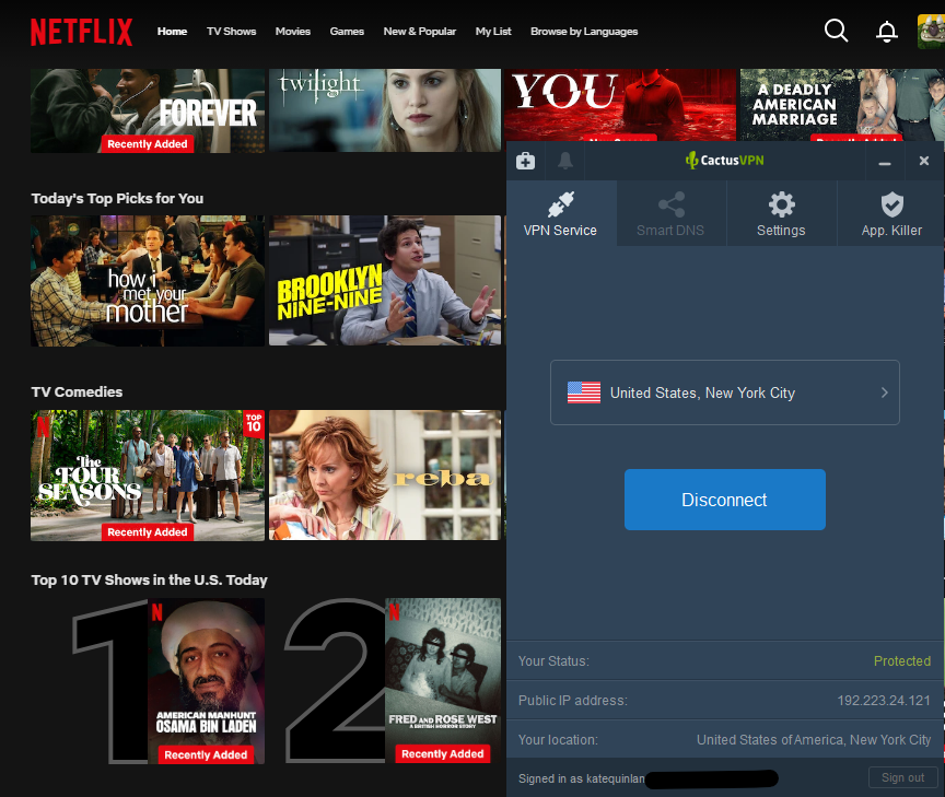 CactusVPN unblocked U.S. Netflix library with no issues